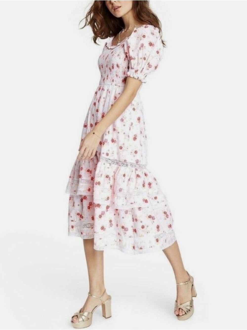 LoveShackFancy White and Pink Floral Puff-Sleeve Midi Dress